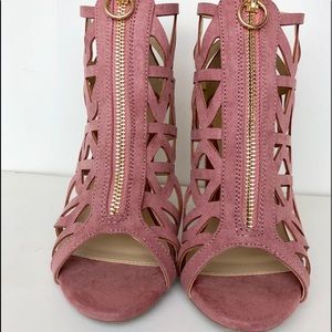 Wild Diva Peach neutral Zipper peep toe block heel